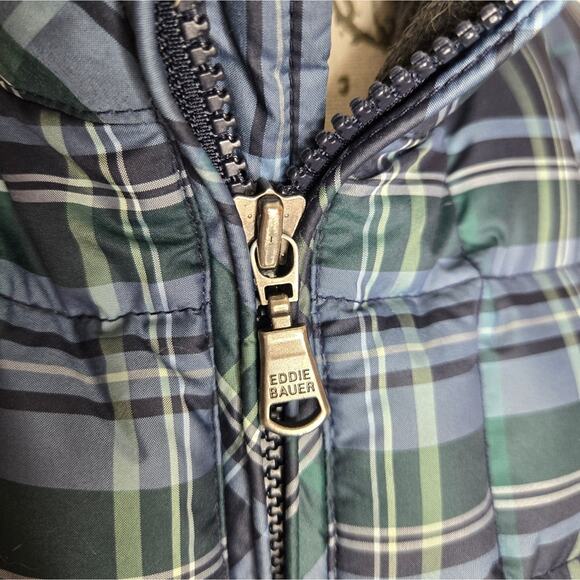 Eddie Bauer Womens Premium Goose Down Vest Blue Green Plaid Quilted Zip Small - Picture 11 of 13